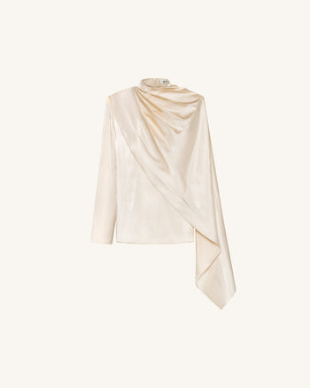 Asymmetrisches Cape-Oberteil mit hohem Kragen und Drapierung - Creme