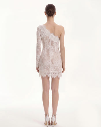 One-Shoulder-Minikleid aus Spitze - Weiß