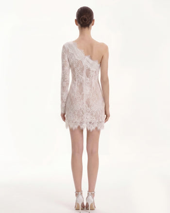 One-Schulter-Minikleid aus Spitze - Weiß