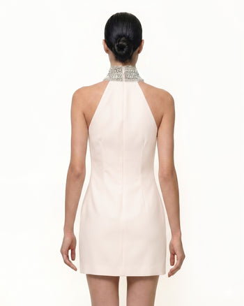 Halterkleid mit Juwelenbesatz und Iris-Motiv - Elfenbein/Rosa