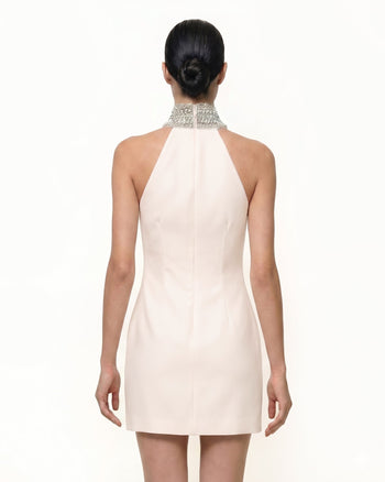 Halterkleid mit Juwelenbesatz und Iris-Motiv - Elfenbein/Rosa