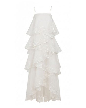 Maxikleid im Lagen-Look mit Orchideen-Stickerei - Weiß