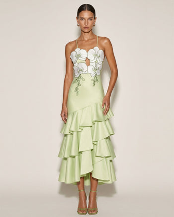 Midi-Kleid mit Orchideen-Verzierung und Rüschen - Hellgrün