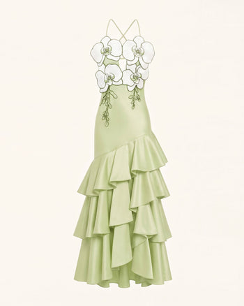 Midi-Kleid mit Orchideen-Verzierung und Rüschen - Hellgrün