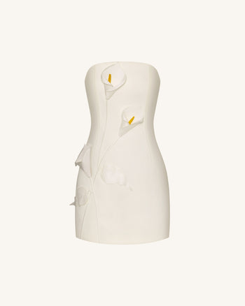 Trägerloses Kleid mit Blumen-Applikationen - Weiß