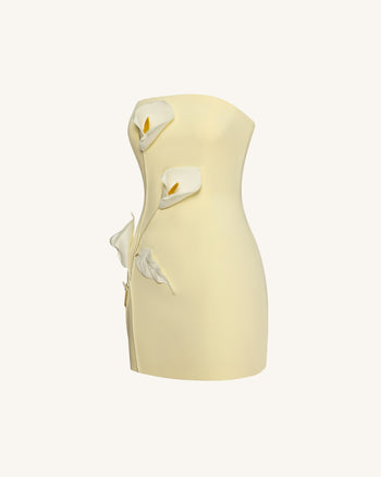Trägerloses Kleid mit Blumenapplikation - Gelb