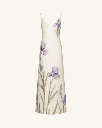 Satin-Slip-Kleid mit Iris-Motiv - Weiß