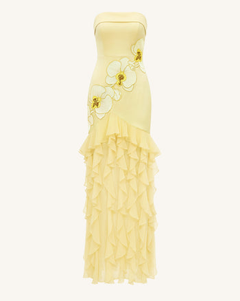 Trägerloses Maxikleid mit Orchideenstickerei und Rüschen - Blassgelb