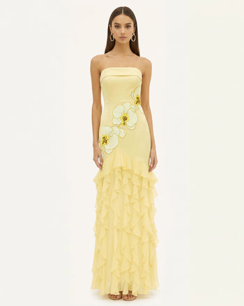 Trägerloses Maxikleid mit Orchideenstickerei und Rüschen - Blassgelb