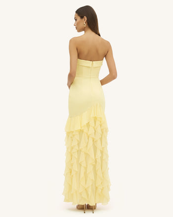 Trägerloses Maxikleid mit Orchideenstickerei und Rüschen - Blassgelb