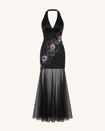 Orchid Besticktes Maxikleid mit transparentem Saum und Neckholder - Schwarz Lila
