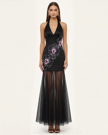 Orchid Besticktes Maxikleid mit transparentem Saum und Neckholder - Schwarz Lila