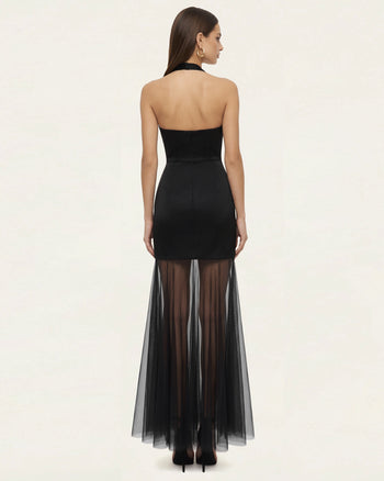 Orchid Besticktes Maxikleid mit transparentem Saum und Neckholder - Schwarz Lila