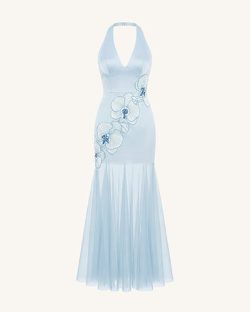 Orchid Besticktes Maxikleid mit transparentem Saum und Neckholder - Hellblau