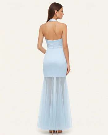 Orchid Besticktes Maxikleid mit transparentem Saum und Neckholder - Hellblau