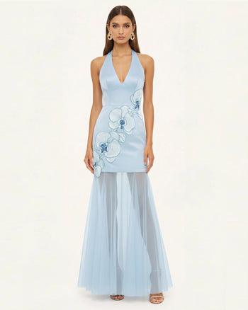 Orchid Besticktes Maxikleid mit transparentem Saum und Neckholder - Hellblau