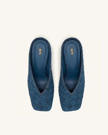 Ellie Geflochtene Mules mit Absatz und Square-Toe - Denimblau