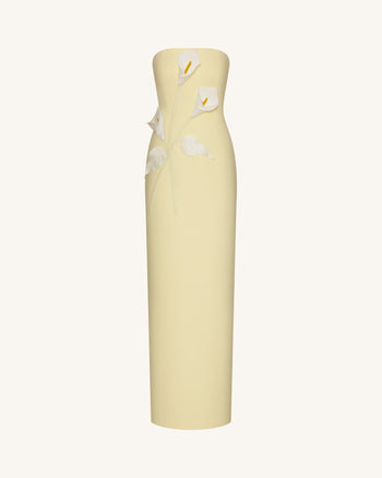 Trägerloses Kleid mit Blumenapplikationen - Gelb