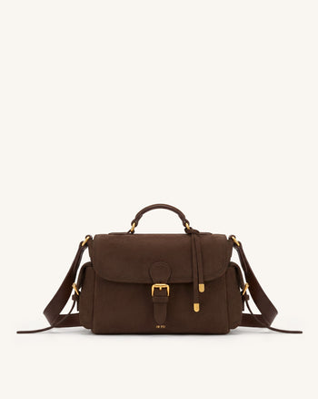 Marina Crossbody-Tasche mit Klappe aus Wildlederimitat, mehreren Taschen und Tragegriff - Dunkelbraun