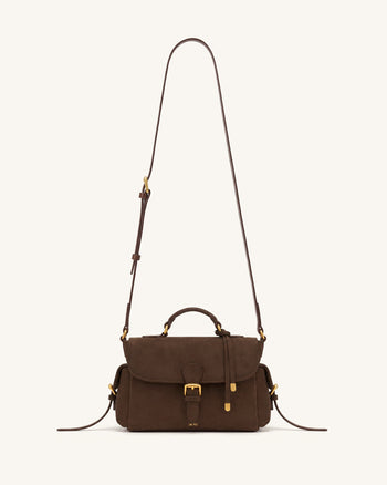 Marina Crossbody-Tasche mit Klappe aus Wildlederimitat, mehreren Taschen und Tragegriff - Dunkelbraun