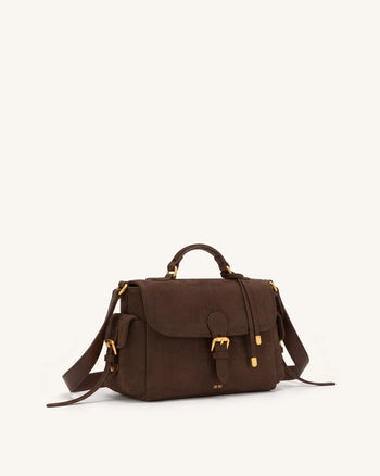 Marina Crossbody-Tasche mit Klappe aus Wildlederimitat, mehreren Taschen und Tragegriff - Dunkelbraun
