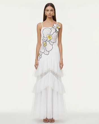 Trägerloses Tüll-Maxikleid mit Orchideenstickerei und Rüschen - Weiß