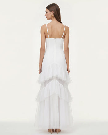 Trägerloses Tüll-Maxikleid mit Orchideenstickerei und Rüschen - Weiß