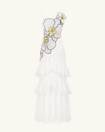 Trägerloses Tüll-Maxikleid mit Orchideenstickerei und Rüschen - Weiß