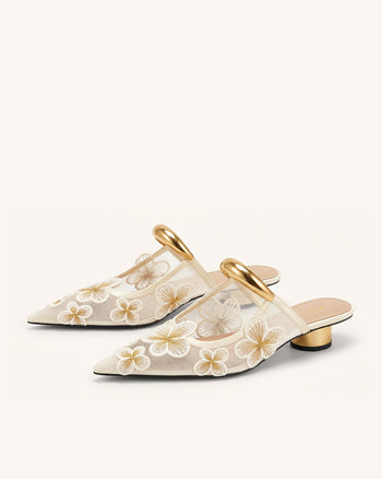 Helena Florale Mesh-Mules mit Durchbrüchen - Elfenbein