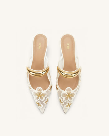 Helena Florale Mesh-Mules mit Durchbrüchen - Elfenbein