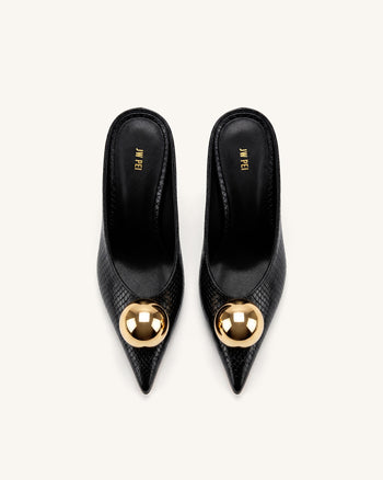 Sofia Mules mit Absatz und schrägem Rist in Schlangenleder-Optik – Schwarz