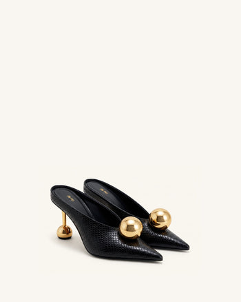 Sofia Mules mit Absatz und schrägem Rist in Schlangenleder-Optik – Schwarz