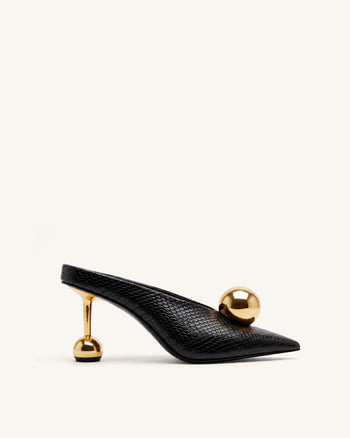 Sofia Mules mit Absatz und schrägem Rist in Schlangenleder-Optik – Schwarz