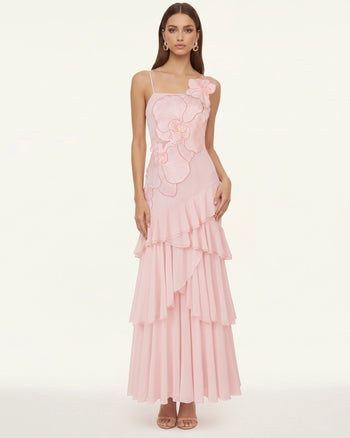 One-Shoulder-Maxikleid mit Orchideenstickerei und Rüschen - Zartrosa