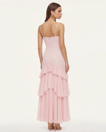 One-Shoulder-Maxikleid mit Orchideenstickerei und Rüschen - Zartrosa
