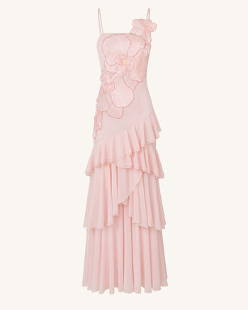 One-Shoulder-Maxikleid mit Orchideenstickerei und Rüschen - Zartrosa
