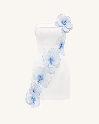 Trägerloses Minikleid mit Orchideen-Stickerei und floralen Applikationen – Weiß-Blau