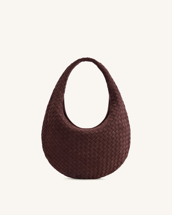 Nola Geflochtene Hobo-Schultertasche aus Wildlederimitat - Dunkelmokka