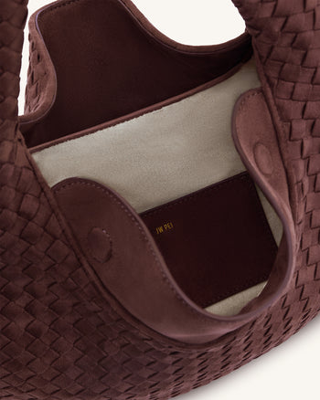 Nola Geflochtene Hobo-Schultertasche aus Wildlederimitat - Dunkelmokka