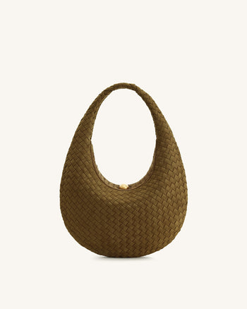 Nola Geflochtene Hobo-Schultertasche aus Wildlederimitat - Olivgrün