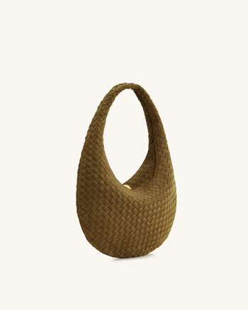 Nola Geflochtene Hobo-Schultertasche aus Wildlederimitat - Olivgrün