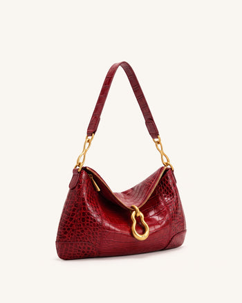 Jayla Schultertasche mit Metallanhänger-Verzierung - Rote Krokoprägung
