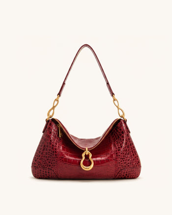 Jayla Schultertasche mit Metallanhänger-Verzierung - Rote Krokoprägung