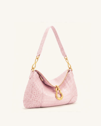 Jayla Schultertasche mit Metallanhänger-Verzierung - Pinke Krokoprägung