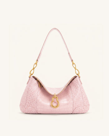 Jayla Schultertasche mit Metallanhänger-Verzierung - Pinke Krokoprägung
