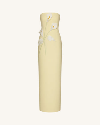 Trägerloses Kleid mit Blumenapplikationen - Gelb