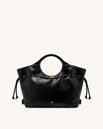 Virelle Tote-Bag aus gewachstem veganem Leder mit Kordelzug – Schwarz