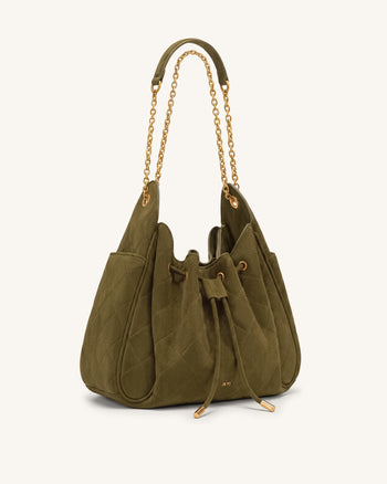 Rowan Gesteppte Ketten-Bucket-Bag aus Kunstwildleder - Olivgrün