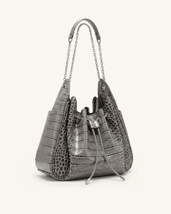 Rowan Raffierte Kordelzug-Ketten-Bucket-Bag - Grau Krokodilloptik
