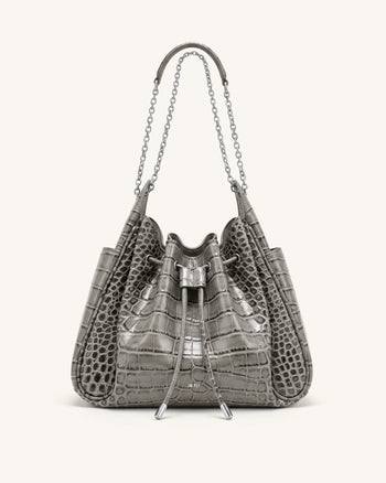 Rowan Raffierte Kordelzug-Ketten-Bucket-Bag - Grau Krokodilloptik